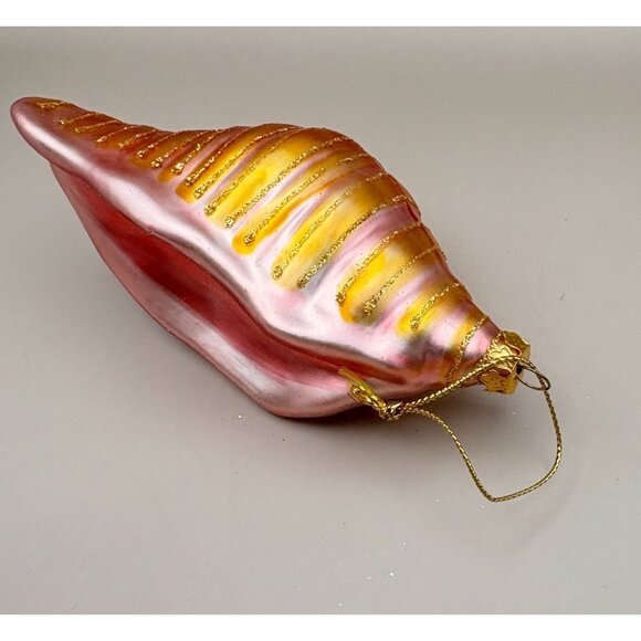 Glass Conch Shell Christmas Tree Ornament Gold Pink with Glitter Stripes - Picture 6 of 7